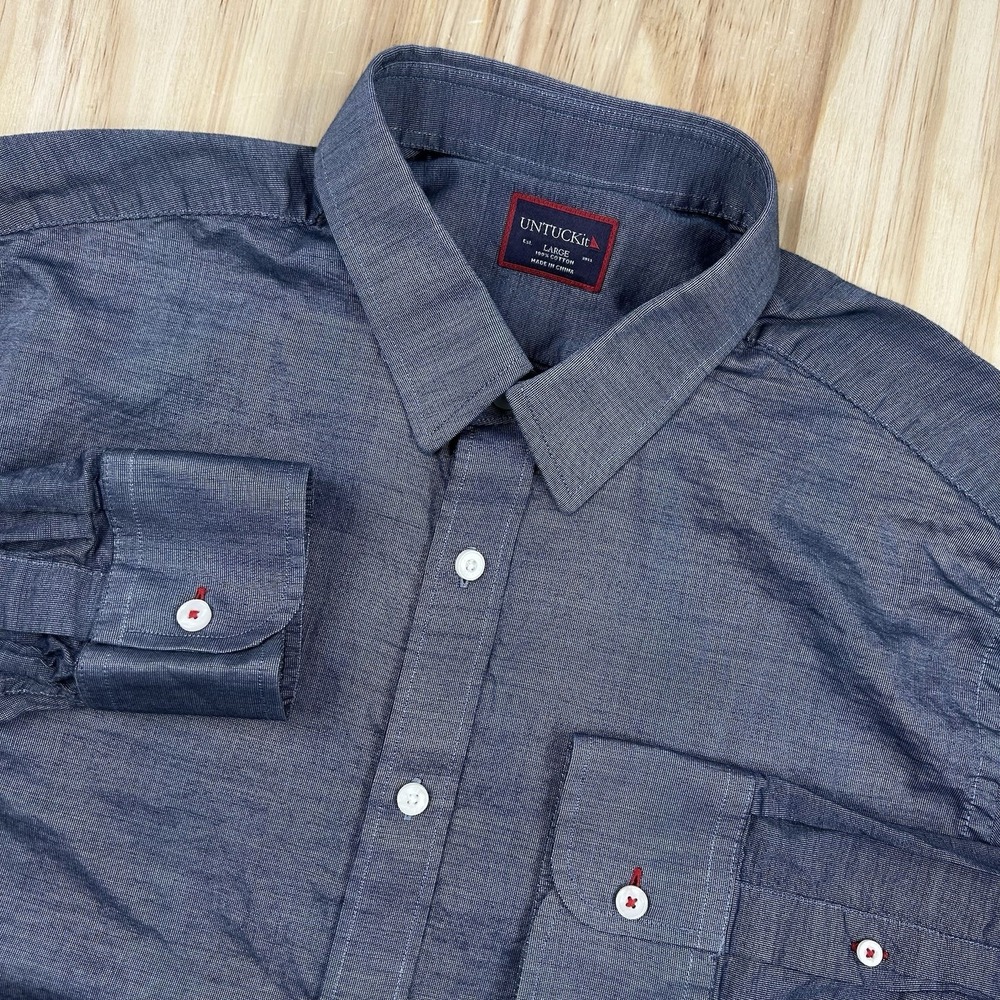 UNTUCKit Button Down Mens Large Navy Blue Pio‎ Cesare Wrinkle Free Cotton Shirt